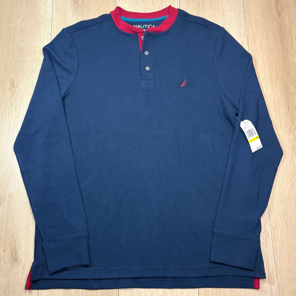 Nautica Mens Henley Shirt Navy Red Long Sleeve Waffle Knit K3746B Medium NWT